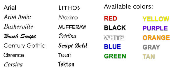 Colors and fonts for wallet name imprint on wallet photos. Select your wallet photo imprint fonts and colors.